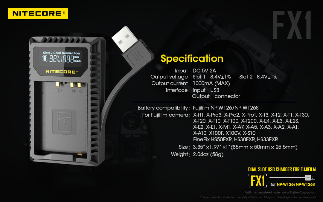 FX1 (Fujifilm NP-W126) Dual-Slot Battery Charger