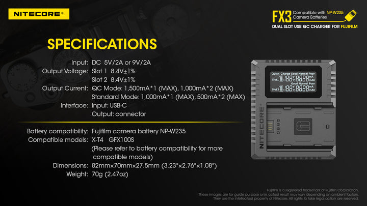 FX3 (Fujifilm NP-W235) Dual-Slot Battery Charger