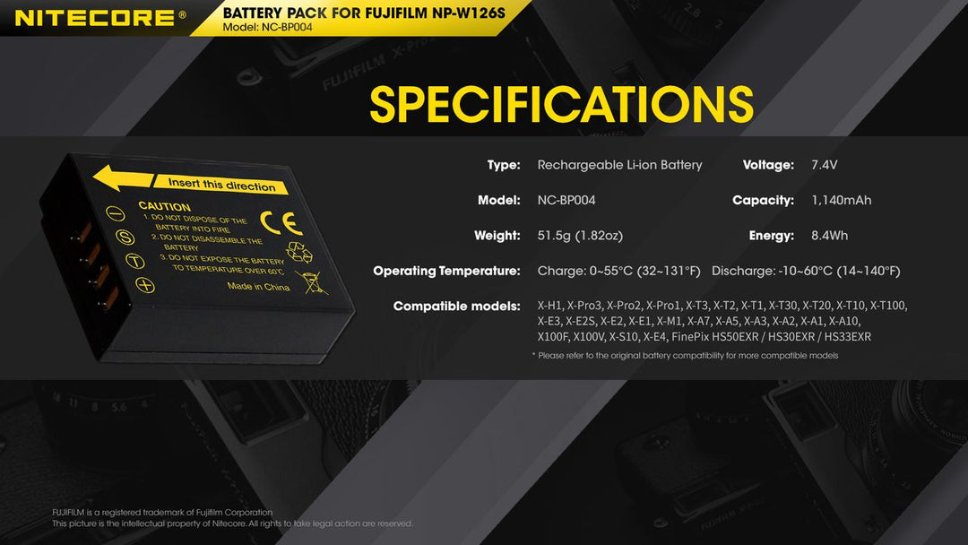 NP-W126S (1140mAh) Battery Pack for Fujifilm (NC-BP004)