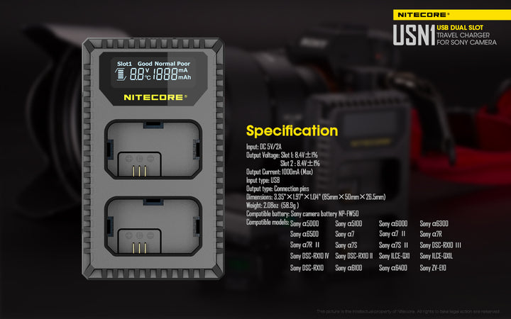 USN1 (Sony NP-FW50) Dual-Slot Battery Charger